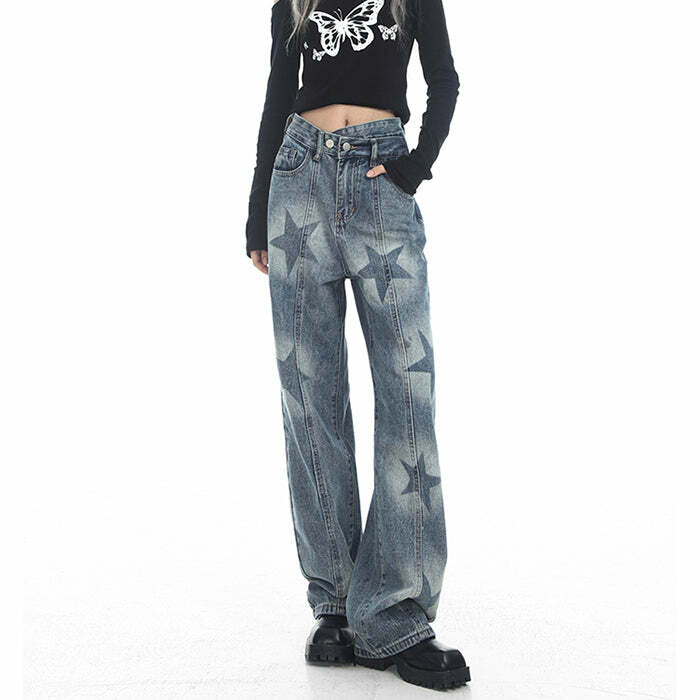 Aesthetic Star Washed Jeans: Y2K Grunge Outfit Essential for Summer