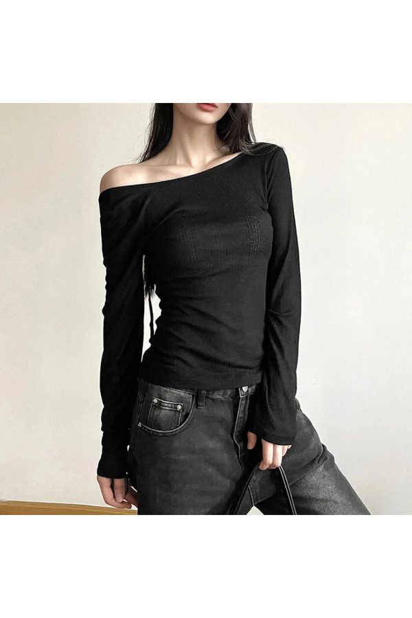 Black Off-Shoulder Ribbed Y2K Top for Trendy Summer Outfits