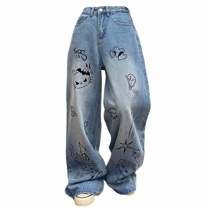 Blue Y2K Grunge Aesthetic Cat Jeans for Retro Summer Outfits