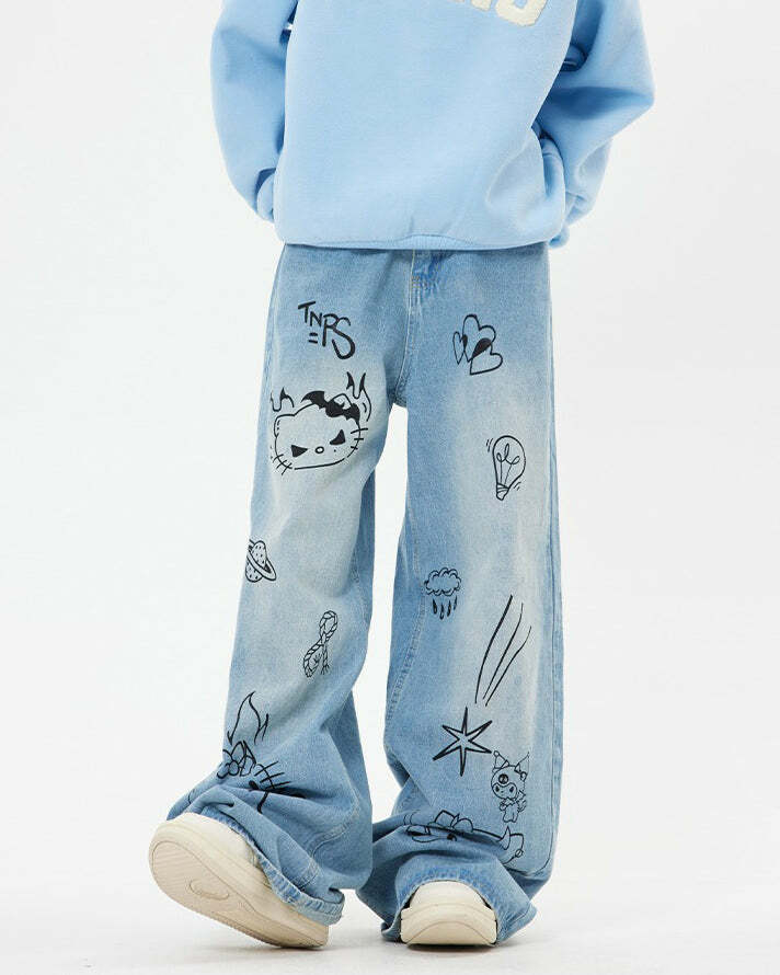 Blue Y2K Grunge Aesthetic Cat Jeans for Retro Summer Outfits