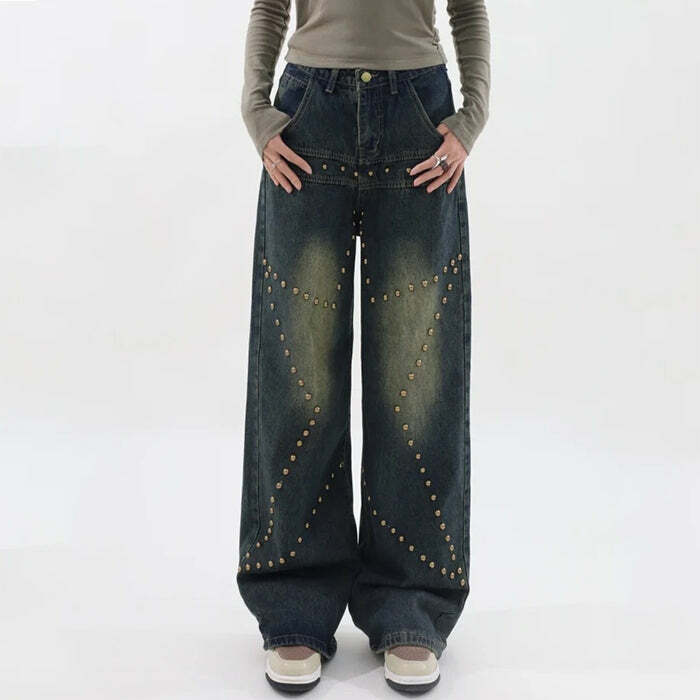 Brown Star Rivet Jeans - Y2K Grunge Style for Retro Summer Outfits