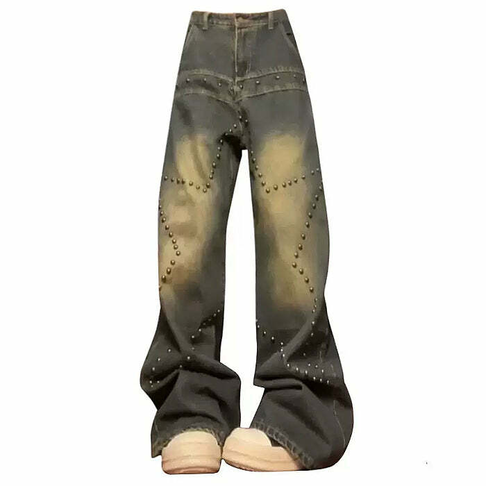 Brown Star Rivet Jeans - Y2K Grunge Style for Retro Summer Outfits