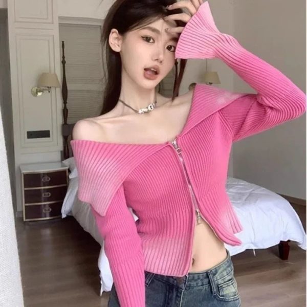 Bubblegum Y2K Zip-Up Off-Shoulder Top for Retro Summer Vibes