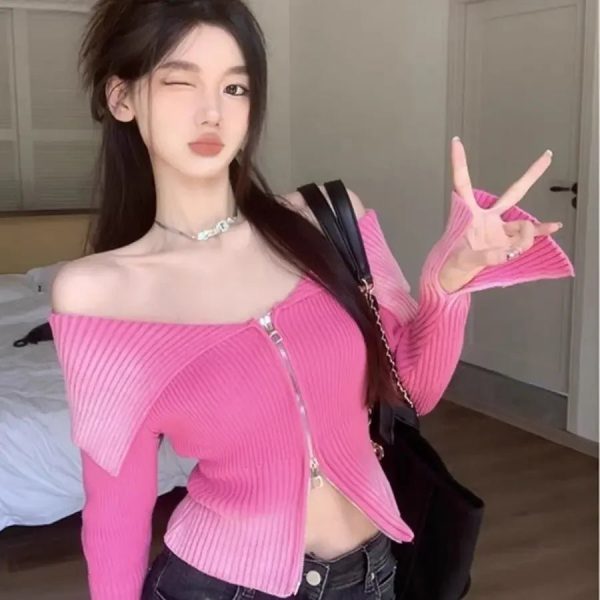 Bubblegum Y2K Zip-Up Off-Shoulder Top for Retro Summer Vibes