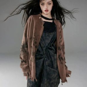 Burnt Earth Distressed Zip-Up Hoodie - Y2K Grunge Fashion Essential