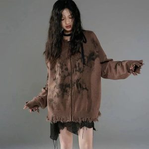 Burnt Earth Distressed Zip-Up Hoodie - Y2K Grunge Fashion Essential