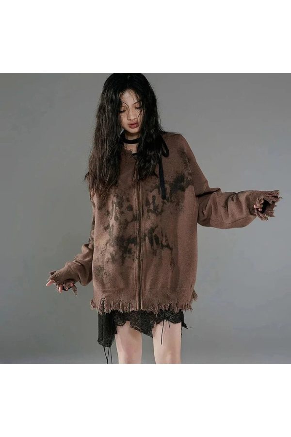 Burnt Earth Distressed Zip-Up Hoodie - Y2K Grunge Fashion Essential