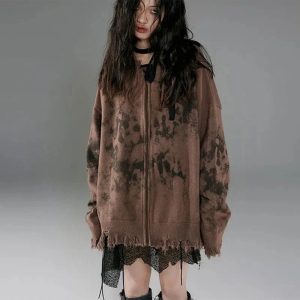 Burnt Earth Distressed Zip-Up Hoodie - Y2K Grunge Fashion Essential