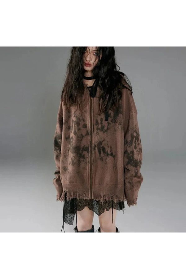 Burnt Earth Distressed Zip-Up Hoodie - Y2K Grunge Fashion Essential