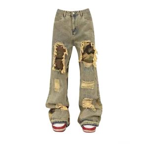 Camo Patchwork Distressed Jeans - Y2K Grunge Style for Trendy Outfits