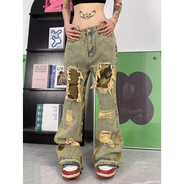 Camo Patchwork Distressed Jeans - Y2K Grunge Style for Trendy Outfits