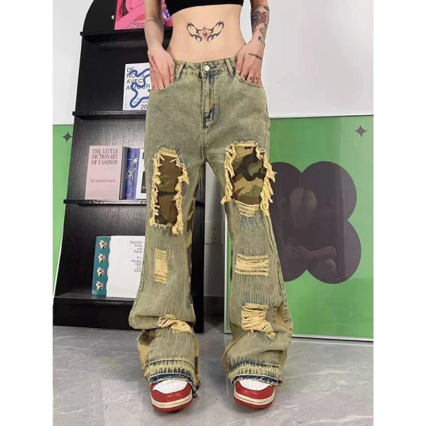 Camo Patchwork Distressed Jeans - Y2K Grunge Style for Trendy Outfits