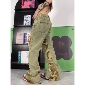 Camo Patchwork Distressed Jeans - Y2K Grunge Style for Trendy Outfits