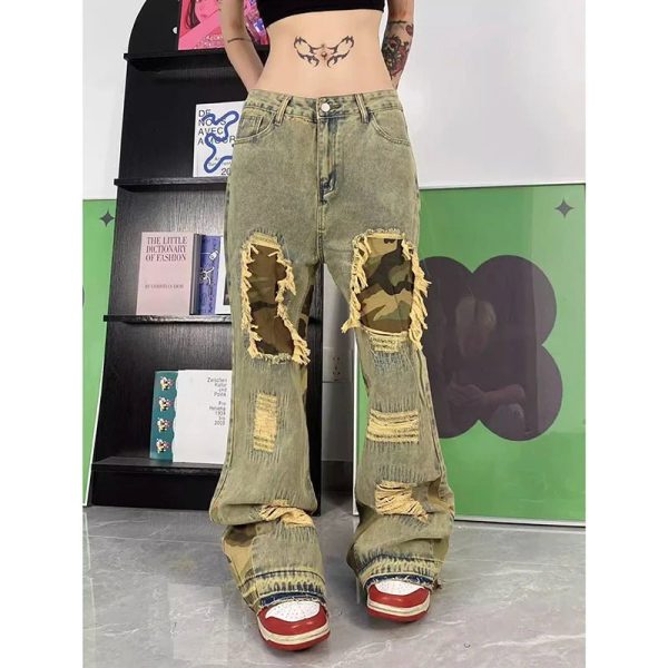 Camo Patchwork Distressed Jeans - Y2K Grunge Style for Trendy Outfits