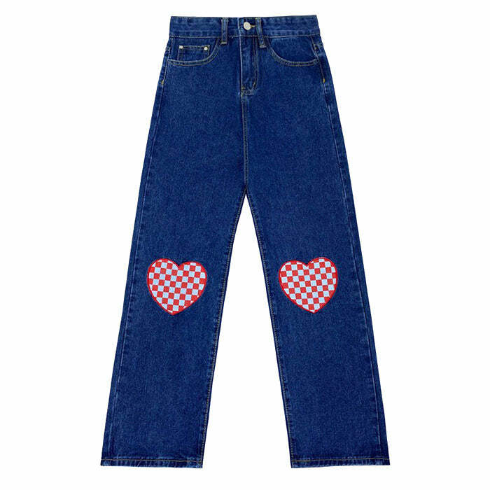 Checker Heart Wide Leg Jeans - Y2K Grunge Style for Summer Outfits