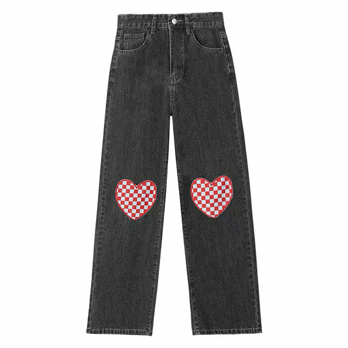 Checker Heart Wide Leg Jeans - Y2K Grunge Style for Summer Outfits