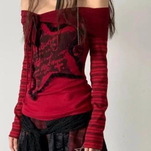 Crimson Chaos Y2K Off-Shoulder Top for Retro Summer Vibes