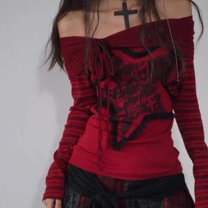 Crimson Chaos Y2K Off-Shoulder Top for Retro Summer Vibes