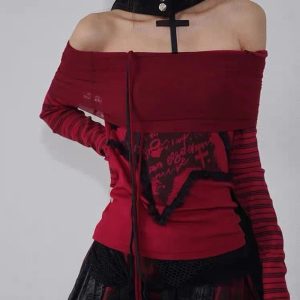 Crimson Chaos Y2K Off-Shoulder Top for Retro Summer Vibes