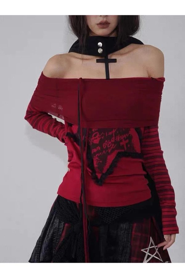 Crimson Chaos Y2K Off-Shoulder Top for Retro Summer Vibes