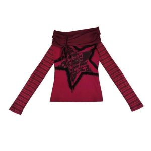 Crimson Chaos Y2K Off-Shoulder Top for Retro Summer Vibes