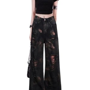 Dark Distortion Ripped Jeans - Y2K Grunge Style for Retro Fashion Lovers