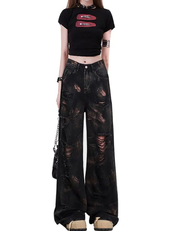 Dark Distortion Ripped Jeans - Y2K Grunge Style for Retro Fashion Lovers