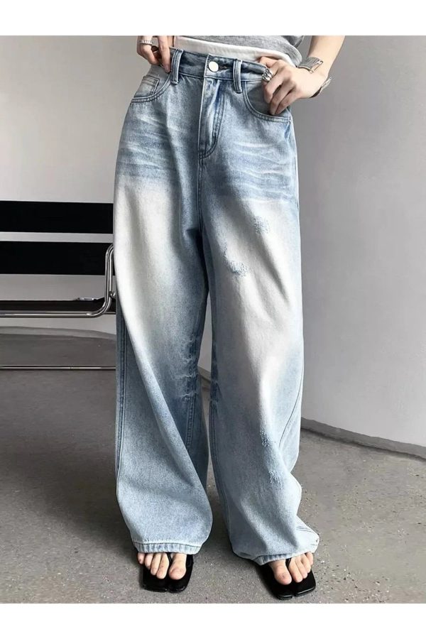 Distressed Light-Wash Wide-Leg Jeans for Y2K Grunge Summer Outfits