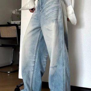 Distressed Light-Wash Wide-Leg Jeans for Y2K Grunge Summer Outfits