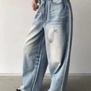 Distressed Light-Wash Wide-Leg Jeans for Y2K Grunge Summer Outfits