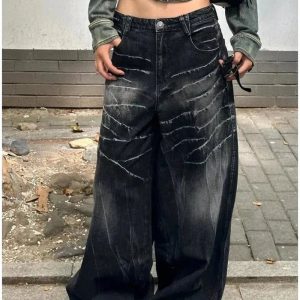 Distressed Marble Wash Wide-Leg Jeans for Y2K Grunge Summer Outfits