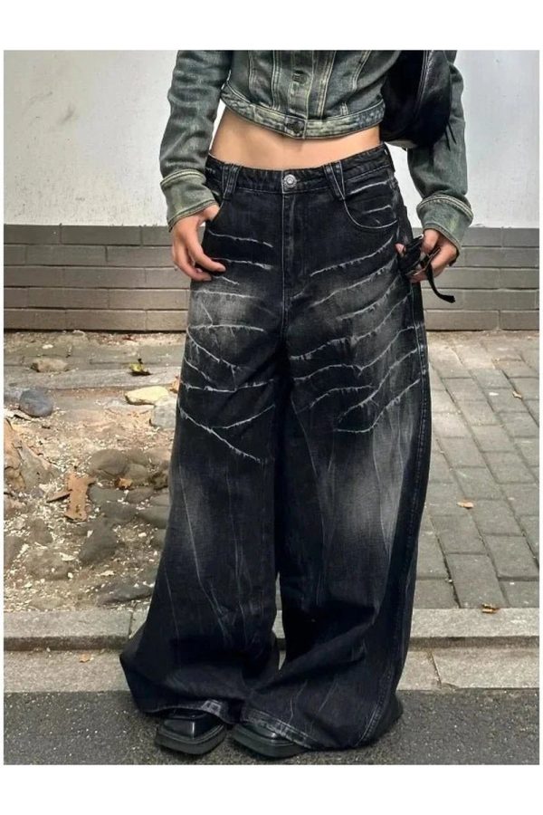 Distressed Marble Wash Wide-Leg Jeans for Y2K Grunge Summer Outfits