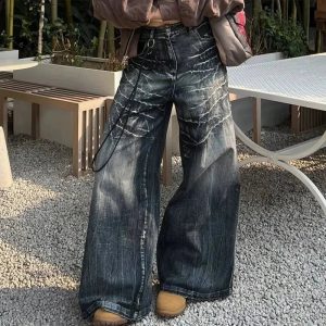 Distressed Marble Wash Wide-Leg Jeans for Y2K Grunge Summer Outfits