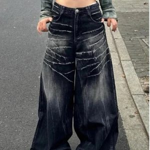 Distressed Marble Wash Wide-Leg Jeans for Y2K Grunge Summer Outfits