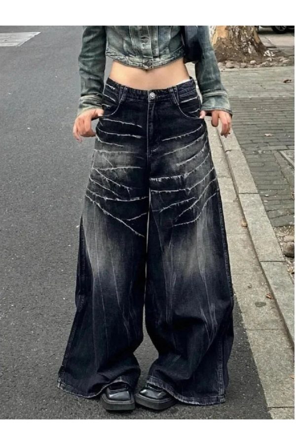 Distressed Marble Wash Wide-Leg Jeans for Y2K Grunge Summer Outfits