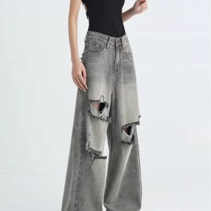 Distressed Oversized Baggy Jeans - Y2K Grunge Style for Effortless Cool