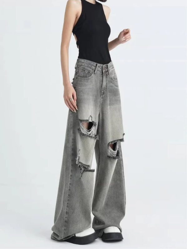 Distressed Oversized Baggy Jeans - Y2K Grunge Style for Effortless Cool