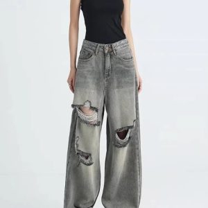 Distressed Oversized Baggy Jeans - Y2K Grunge Style for Effortless Cool