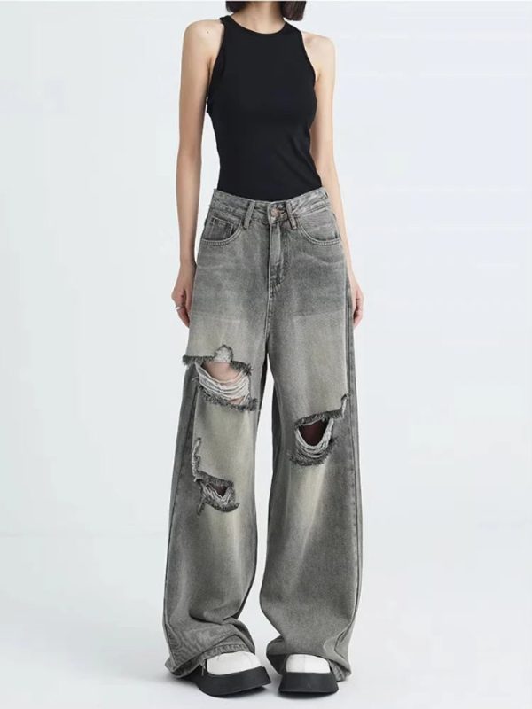 Distressed Oversized Baggy Jeans - Y2K Grunge Style for Effortless Cool