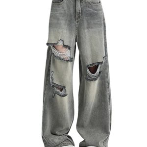 Distressed Oversized Baggy Jeans - Y2K Grunge Style for Effortless Cool