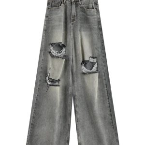 Distressed Oversized Baggy Jeans - Y2K Grunge Style for Effortless Cool