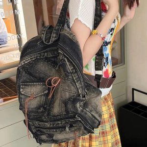 Distressed Vintage Denim Backpack - Y2K Grunge Style Essential