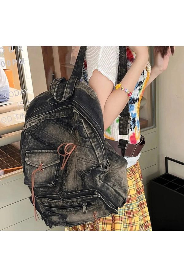 Distressed Vintage Denim Backpack - Y2K Grunge Style Essential