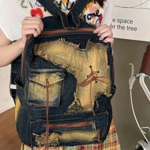 Distressed Vintage Denim Backpack - Y2K Grunge Style Essential