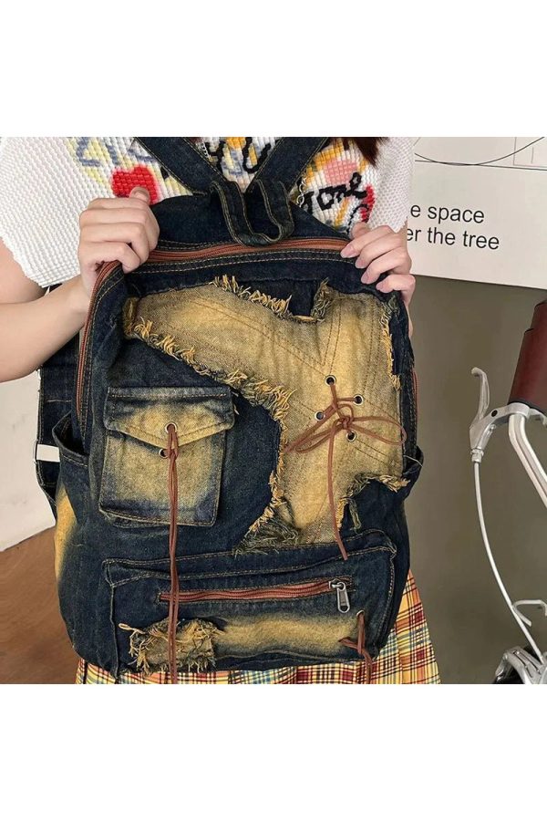 Distressed Vintage Denim Backpack - Y2K Grunge Style Essential