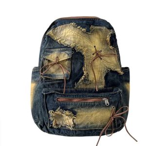 Distressed Vintage Denim Backpack - Y2K Grunge Style Essential