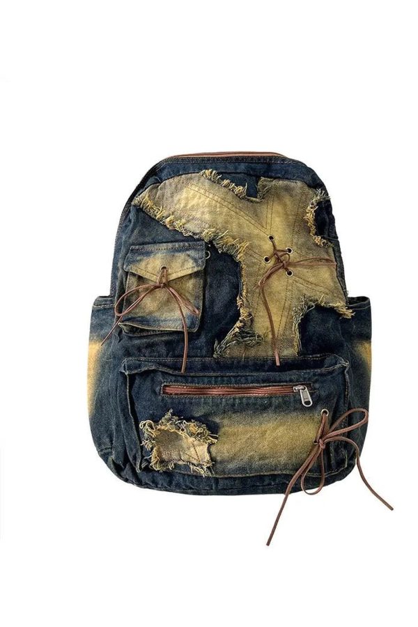 Distressed Vintage Denim Backpack - Y2K Grunge Style Essential