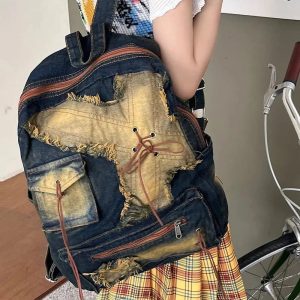 Distressed Vintage Denim Backpack - Y2K Grunge Style Essential