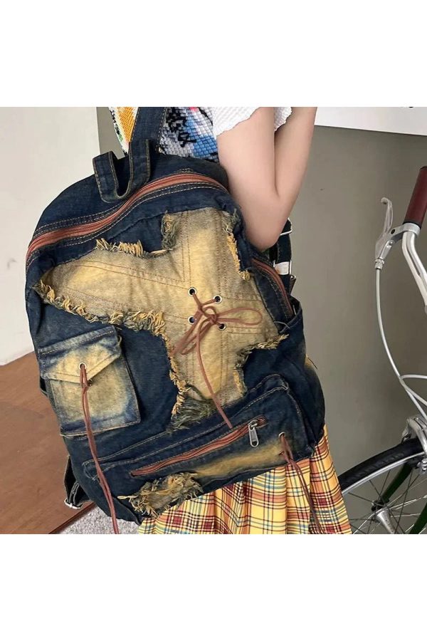 Distressed Vintage Denim Backpack - Y2K Grunge Style Essential