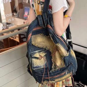 Distressed Vintage Denim Backpack - Y2K Grunge Style Essential